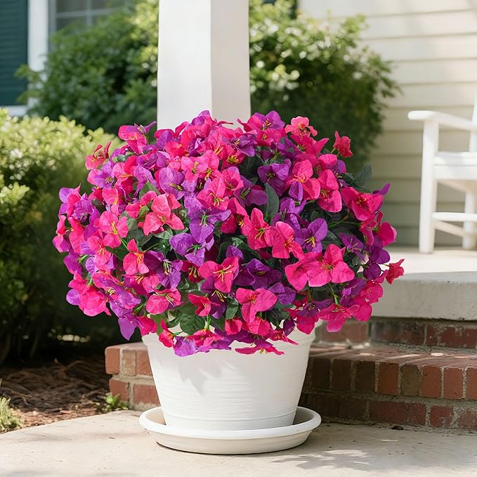Faux Bougainvillea Artificial Flowers for Outdoors Fake Plants Spring Outdoor Decor, 4 Bundles UV Resistant Realistic Bougainvillea Silk Flowers for Outside Porch Patio Window Planter Garden Home