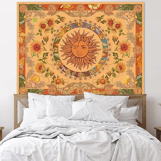 Accnicc Yellow Sun and Moon Tapestry Vintage Indie Boho Tapestry Wall Hanging with Sunflowers Butterfly Moth Constellation Aesthetic Wall Tapestries for Bedroom Dorm Living Room (Orange, 80'' × 60'')