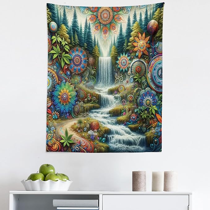 Ambesonne Trippy Tapestry, Scenic Waterfall with Wonderland Woods and Psychedelic Mandala Flowers, Fabric Wall Hanging Decor for Bedroom Living Room Dorm, 23" X 28", Olive Green Multicolor