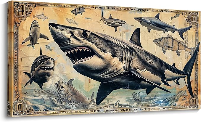 JEAWA Wall Art for Living Room, Vintage Dollar Background Cool Shark Marine Life Wall Painting Canvas Print Posters Ready to Hang Bedroom Bathroom Game Teenage Boy Room Home Decor 20x40 IN