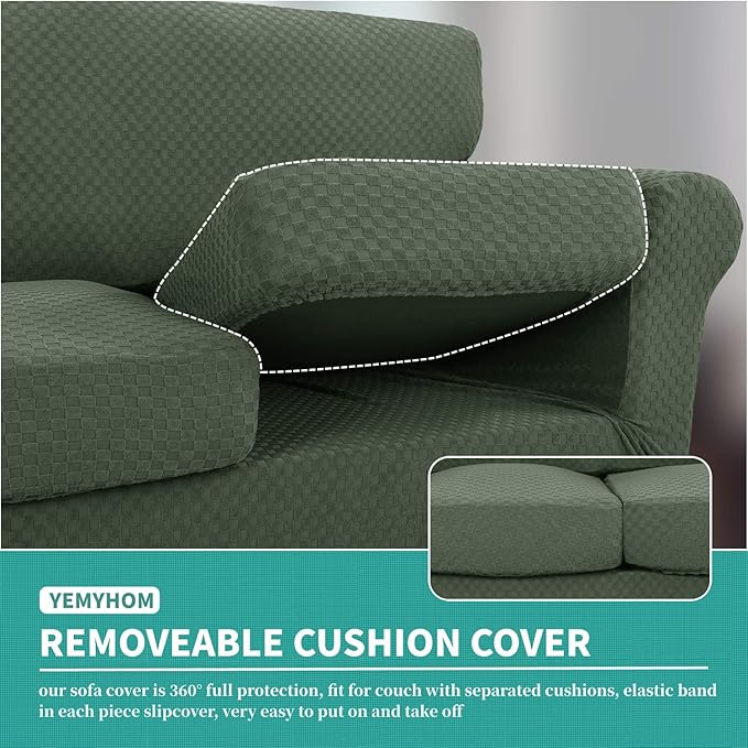 YEMYHOM Latest Checkered 3 Pieces Couch Covers for 2 Cushion Couch High Stretch Sofa Cover with 2 Extra Large Seat Cushion Covers Anti Slip Elastic Slipcovers (Army Green), 71"-91"(2 Cushions)