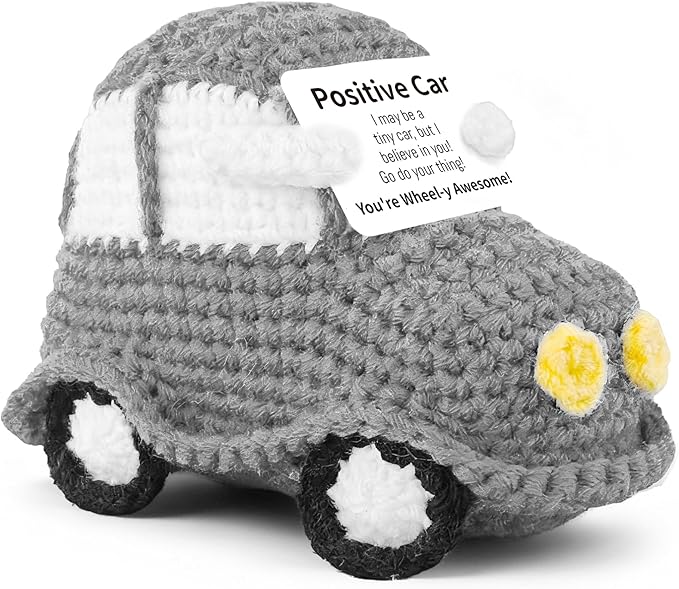 Positive Funny Crochet Car, Emotional Support Mini Handmade Crochet Gift, Inspirational Birthday Gifts for Men Women Friends Boyfriend Dad Coworker, Grey