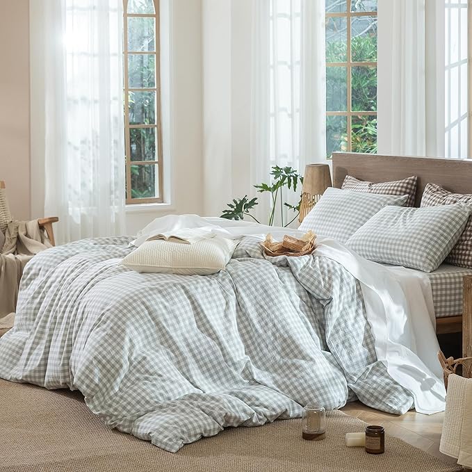 MooMee Gingham Duvet Cover Set 100% Washed Cotton Linen Like Textured Breathable Durable Soft Comfy Modern Checkered Design (Northern Droplet Grey Gingham, Palatial King/Oversized King 120"x98")
