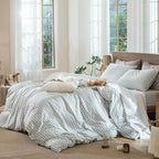 MooMee Gingham Duvet Cover Set 100% Washed Cotton Linen Like Textured Breathable Durable Soft Comfy Modern Checkered Design (Northern Droplet Grey Gingham, Super Queen 90"x98")
