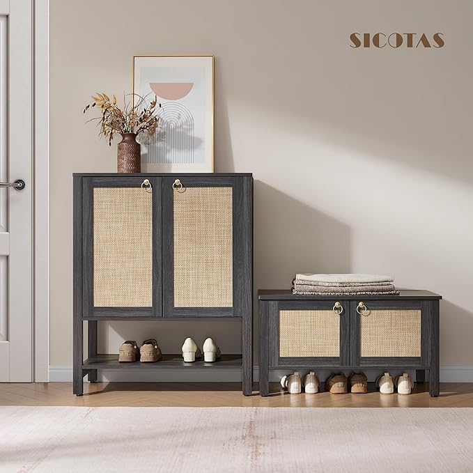 SICOTAS Shoe Rack Bench Entryway Bench with Lift Top Storage: Rattan Shoe Cabinet Bench with Safety Hinges, Farmhouse Boho Wooden Storage Chest for Bedroom, Entryway, Hallway, Living Room