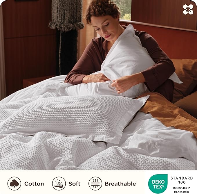 Bedsure Cotton Duvet Cover Set - 100% Cotton Waffle Weave Bright White Duvet Cover Oversized King Size, GentleSoft™ and Breathable Bedding Set for All Season, 3 Pieces, 120"x98"