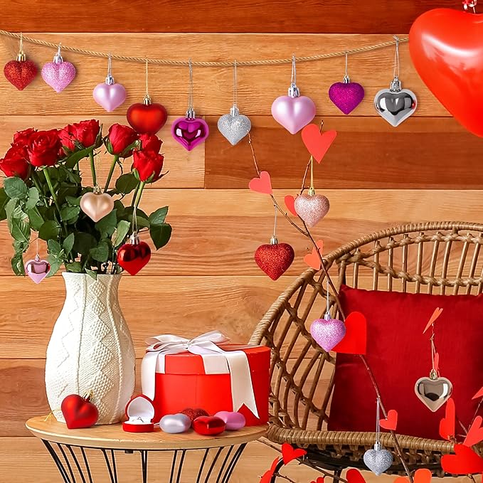 100 PCS Valentine Day Heart Shaped Ornaments Romantic Various Styles Heart Hanging Baubles Colorful Romantic Glossy Hearts Valentine's Day Decor for Outdoor Indoor Party Anniversary Crafts