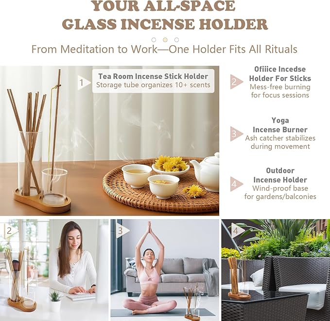 2 in 1 Glass Incense Holder and Burner with Ash Catcher and Stick Storage,Anti-Ash Flying, Mess-Free for Meditation Yoga Spa Gift Home Decor