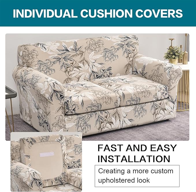 KRFOONN 3 Piece Stretch Sofa Couch Covers for 2 Cushion Couches Printed Sofa Loveseat Slipcover with 2 Separate Seat Cushion Covers Washable Sofa Slip Covers Furniture Protector (Loveseat, 26), Medium