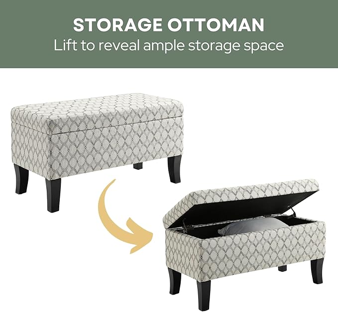Convenience Concepts Designs4Comfort Winslow Storage Ottoman Bench 32" - Transitional Upholstered Footstool & Seat, for Living Room, Entryway, Hallway, & Bedroom, Ribbon Pattern Fabric