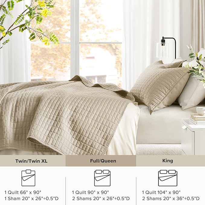 Comfort Spaces Queen Quilt Set Modern Reversible Plaid Coverlet Queen Bedding Set Cozy Quilted Winter Layer, All Season Lightweight Soft Queen Size Quilt, Kienna, Full/Queen Beige 3 Piece