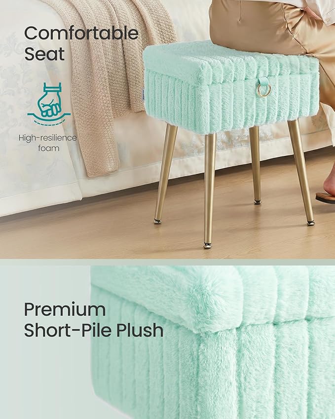 SONGMICS Vanity Stool Chair with Storage, Makeup Stool, Footrest Footstool Ottoman, Metal Legs, Adjustable Feet, for Living Room, Bedroom, Makeup Room, Moonlight Green ULOM505CZ02