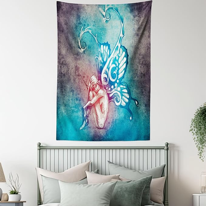 Ambesonne Butterfly Tapestry Queen Size, with Butterfly Wings Renewal Female Rebirth Psyche Lightness of Being, Wall Hanging Bedspread Bed Cover Wall Decor, 88" X 88", Blue Purple