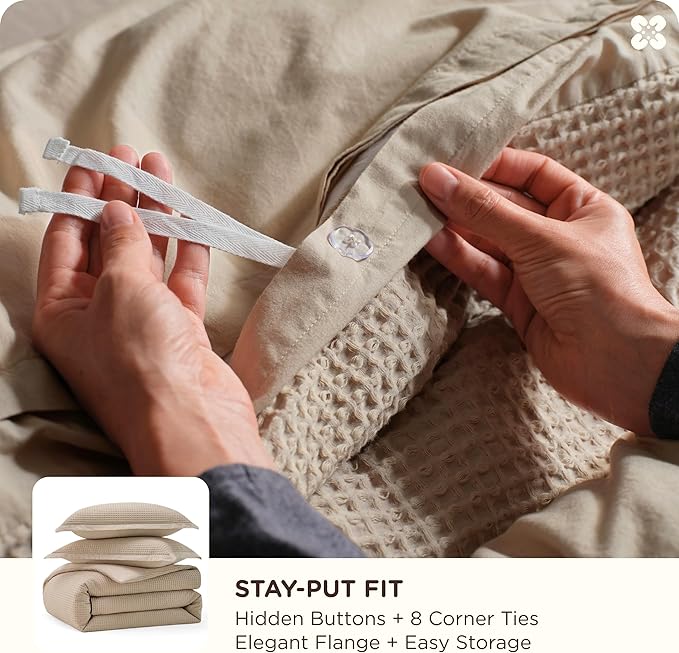 Bedsure Cotton Duvet Cover Set - 100% Cotton Waffle Weave Khaki Duvet Cover Oversized King Size, GentleSoft™ and Breathable Bedding Set for All Season, 3 Pieces, 120"x98"