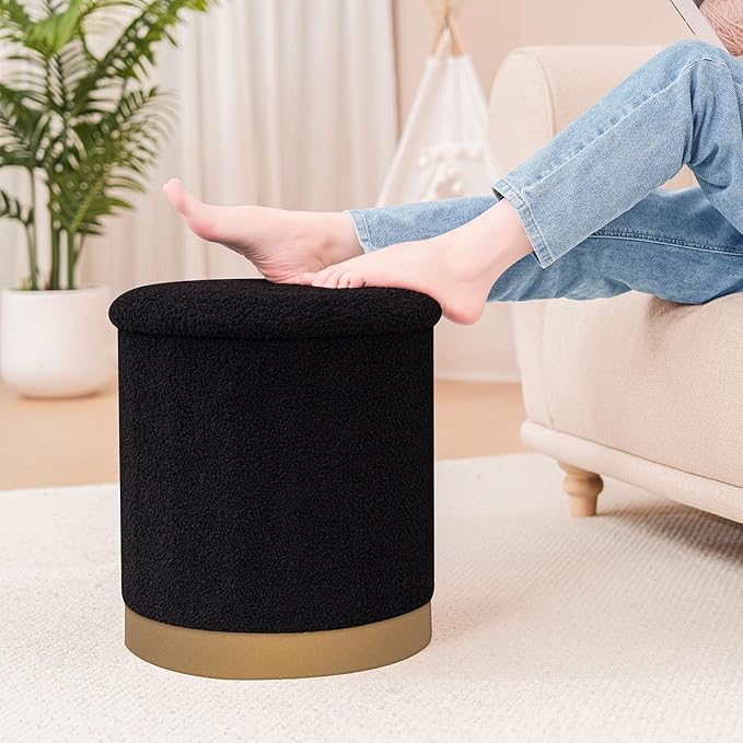 Round Storage Ottoman with Reversible Tray Top, 16.3" Boucle Ottoman Footrest Stool with Metal Base, Upholstered Vanity Stool with Storage for Living Room Bedroom, Black