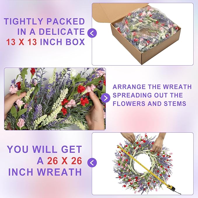 26 Inch Lavender Wreath Summer Spring Wreaths for Front Door Wreaths for Front Door for Wedding Farmhouse (Red Pink Lavender)