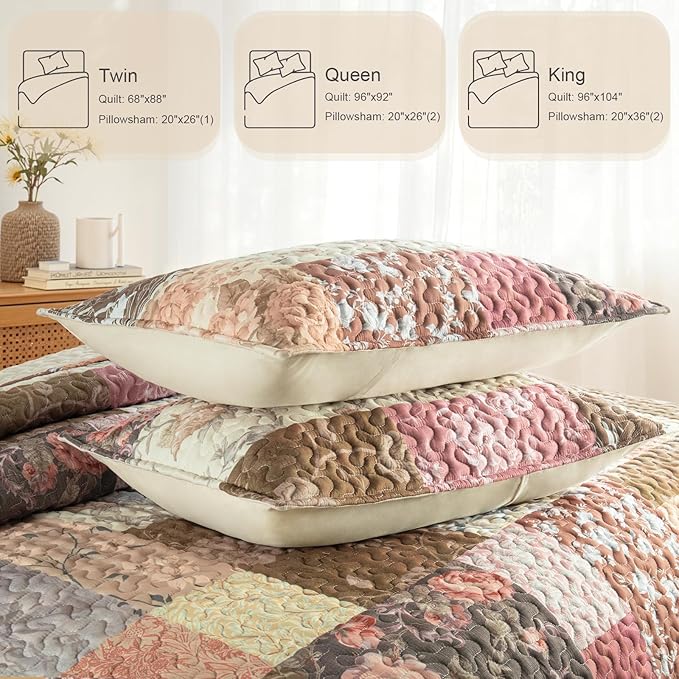 Whale Flotilla Patchwork Quilt Twin Size, Soft Boho Floral Bedspreads for Bed Reversible Lightweight Twin Quilt Bedding Set Coverlets with 1 Pillow Sham for All Seasons, Vintage Red Flowers