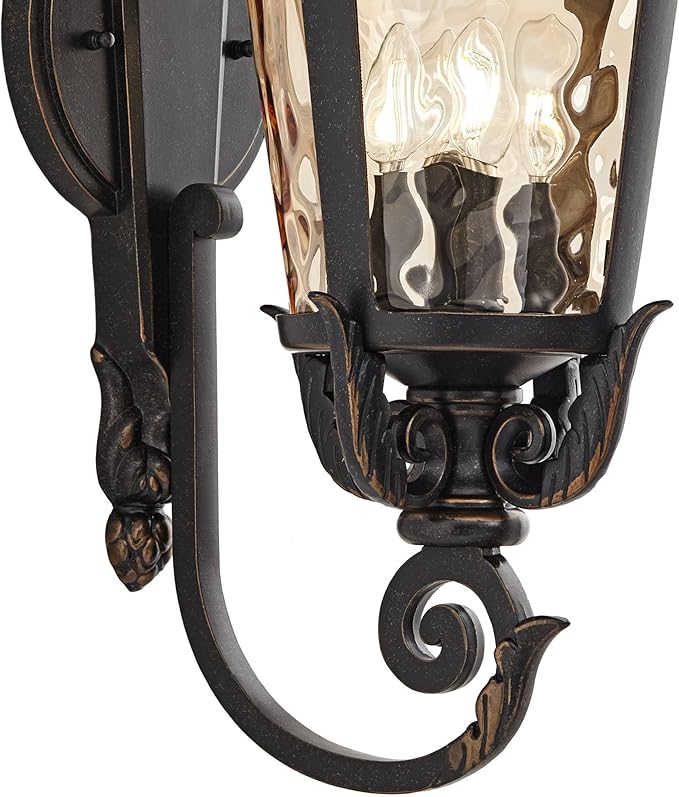 John Timberland Casa Marseille Vintage Outdoor Wall Light Fixture Veranda Bronze Scroll Frame 31" Champagne Hammered Glass for Exterior House Porch Patio Outside Deck Garage Yard Front Door