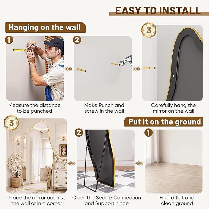 Antok Full Length Mirror, 76"x36" Floor Mirror with Stand, Standing Hanging Leaning Irregular Mirrors for Bedroom Living Room Entryway, Cloud Shaped, Golden