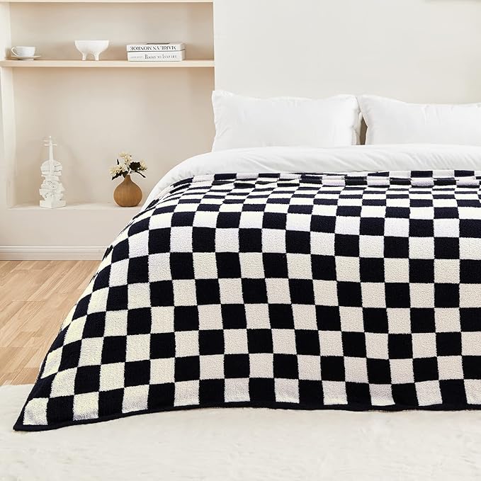 CozeCube Super Soft Fullfy Microfiber Reversible Knitted Blankets, Warm Cozy Fuzzy Plush Throw, Black and White Checkered Throw Blanket for Couch Bed Sofa, 60" x 80"