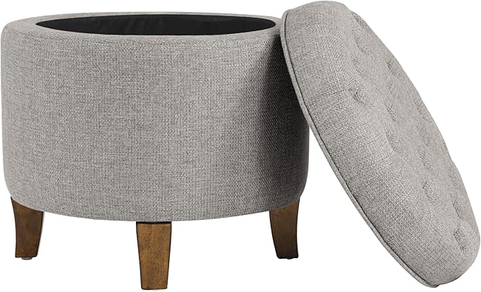 Homepop Home Decor | Upholstered Round Tufted Foot Rest Ottoman | Ottoman with Storage for Living Room & Bedroom | Decorative Home Furniture, Gray Fabric