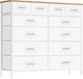 White Dresser for Bedroom with 12 Deep Drawers, Wide Chest of Drawers, 55" TV Stand with Retro Wood Top, Tall Fabric Dresser for Closet, Nursery