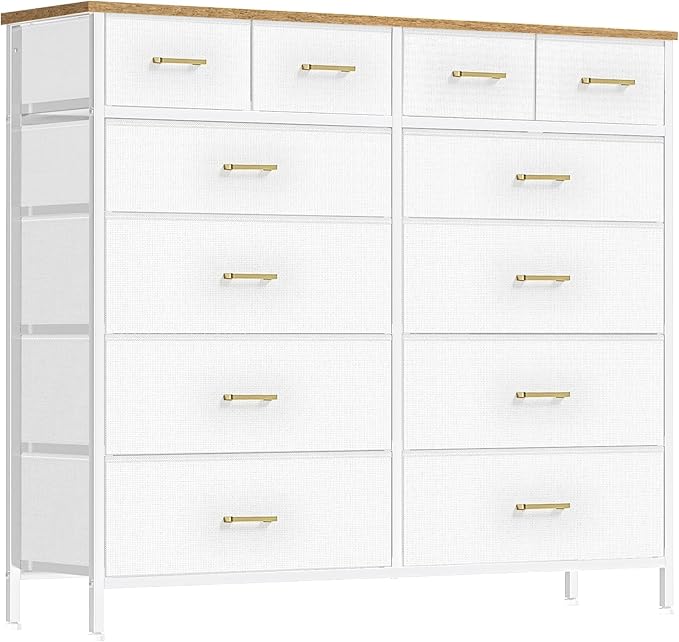 White Dresser for Bedroom with 12 Deep Drawers, Wide Chest of Drawers, 55" TV Stand with Retro Wood Top, Tall Fabric Dresser for Closet, Nursery