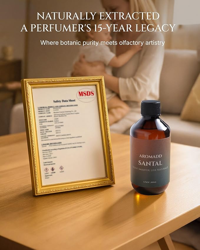 Aromadd Santal Diffuser Oil Inspired by Luxury Hotel Scent, Essential Oils for Waterless Diffuser, Warm Sandalwood & Amber Aroma, Long-Lasting & Natural Home Fragrance - 6.76 fl oz (200 mL)