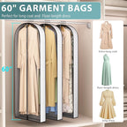 60” Garment Bags for Hanging Clothes 4” Gusseted - with Clear Window, Breathable Fabric, Metal Zipper, Suit Coat Long Dress Protector for Clothes Closet storage, Season Off, Moving, 3 Pack