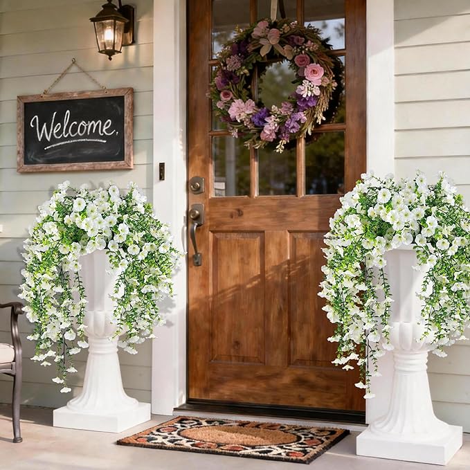 Artificial Hanging Flowers for Outdoors, 4 PCS UV Resistant Faux Plants Silk Realistic 150 Morning Glory Each Vines, Fake Plastic Floral for Garden Patio Spring Summer Decor, White