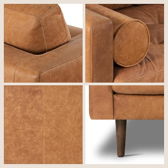 POLY & BARK Napa 72" Leather Sofa – Full-Grain Italian-Tanned Aniline Leather, Feather-Down Comfort, Solid Wood Frame, Walnut Legs, Cognac Tan