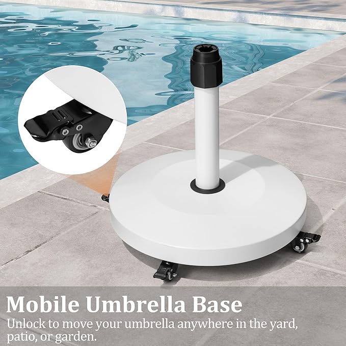 Patio Umbrella Base with 4 Wheels, 55lbs Round Heavy Duty Concrete Stand for Outdoor Market Umbrella, White