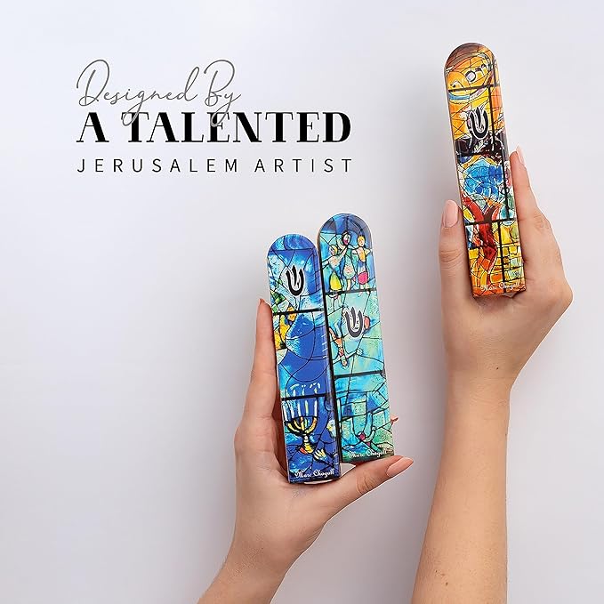 SURI Wooden Mezuzah for Door – 5 Inch Contemporary Turquoise Chagall-Inspired Mezuzzah Case with Printed Scroll, Self-Stick Adhesive, Fits a 4 Inch Scroll, Gift Box Include