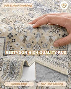 Area Rugs 5x7, Ultra-Thin Washable Rugs for Living Room, Anti-Slip Backing Area Rug for Bedroom, Soft Floral Vintage Home Decor Rug for Dining Room(Beige,5'x7')