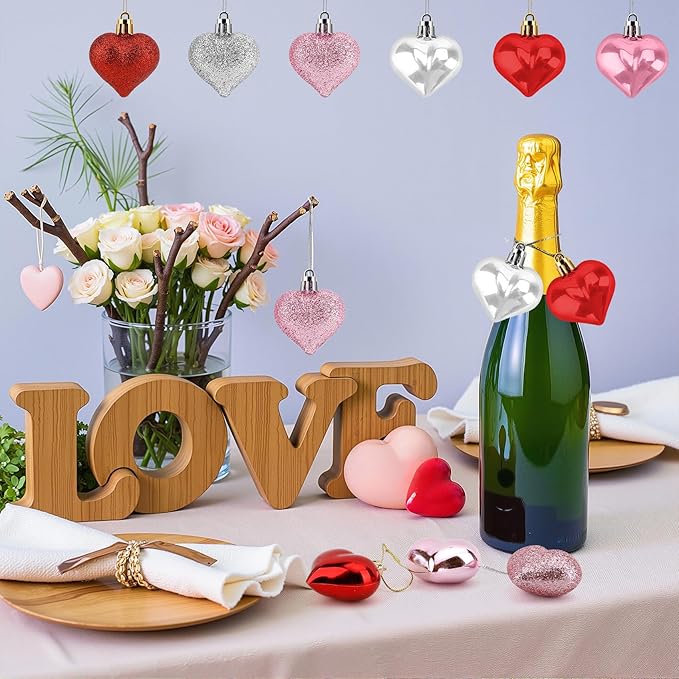 Valentines Day Heart Ornaments, 30Pcs Hanging Heart Ornaments, Glitter Multi-color Heart-shaped Baubles for Outdoor Wedding Anniversary Mother's Day Romantic Galentines Valentines Day Party Decoration