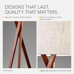 Adesso Floor Lamp with Walnut Tripod Base and White Linen Lampshade – Lamp for Bedroom, Living Room, and House Décor, 63” x 20”