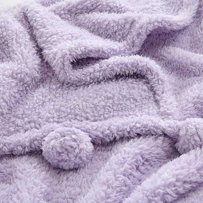HORIMOTE HOME Ultra Soft Cozy Sherpa Throw Blanket with Pompom Fringe, Light Weight Warm Decorative Boho Style Plush Throw Blanket Cover for Couch, Sofa, Bedroom,Travel, Outdoor, 50”x60”, Purple