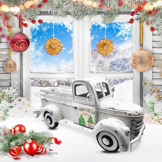 Sunflower Decor 13.4 Inch Vintage White Farmhouse Truck with 12 Magnets Sunflower Kitchen Spring Decorations for Home Shelf Office Metal Pickup Interchangeable Seasonal Decor Garden Truck Planter
