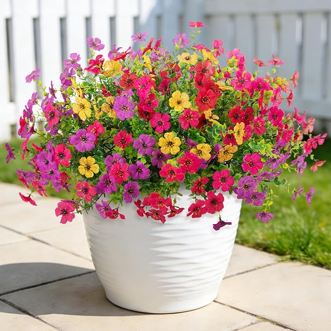 24 Bundles Artificial Flowers,Faux Plants for Spring Summer Decoration, UV Resistant Colorful Violets Eucalyptus for Outside Home Planter Porch Patio Yard Decor