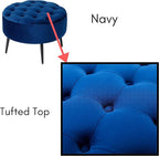 BIRDROCK HOME Tufted Round Ottoman - Velvet Footrest with Cushion and Mid-Century Modern Steel Legs - Ideal for Living Room, Bedroom, or Office Seating - Soft, Compact Decorative Footstool - Navy