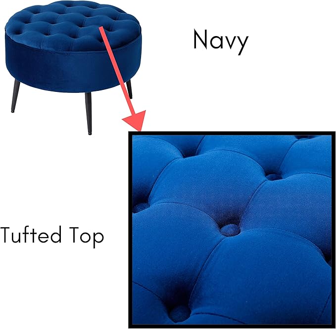 BIRDROCK HOME Tufted Round Ottoman - Velvet Footrest with Cushion and Mid-Century Modern Steel Legs - Ideal for Living Room, Bedroom, or Office Seating - Soft, Compact Decorative Footstool - Navy