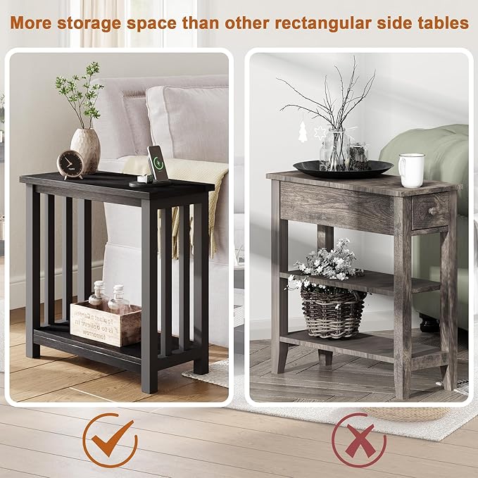 ChooChoo Mission End Tables Set of 2, Narrow Side Tables for Small Spaces, Night Stands with Storage Shelf for Living Room and Bedroom, Black