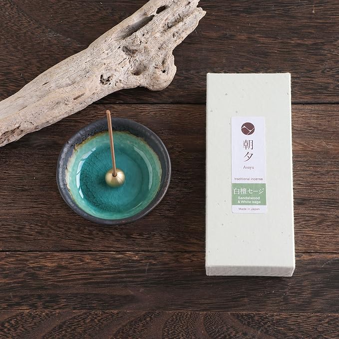 Asayu Japan Traditional Smoke Incense Gift Set with Incense Holder and Brass Stand, Sandalwood & White Sage Blend Incense Sticks with Mini Aquamarine Ceramic Holder