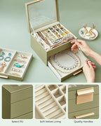 SONGMICS GISELLA Collection - Jewelry Box Organizer, 3-Layer Jewelry Storage with 2 Drawers, Shiny Metal Hardware, Glass Lid, Modern, 8 x 9.1 x 5.3 Inches, Avocado Green and Gold Color UJBC239C02