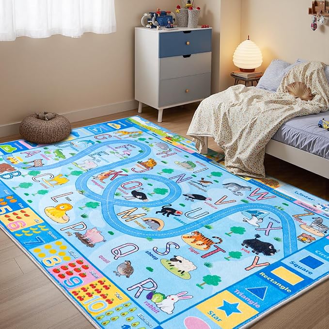 Kids Rugs Playmat for Bedroom Kids Room, Educational ABC Rug for Classroom, Non-Slip Washable Playroom Carpet for Boys Girls, Zoo Road Play Mat, 4x5 Blue
