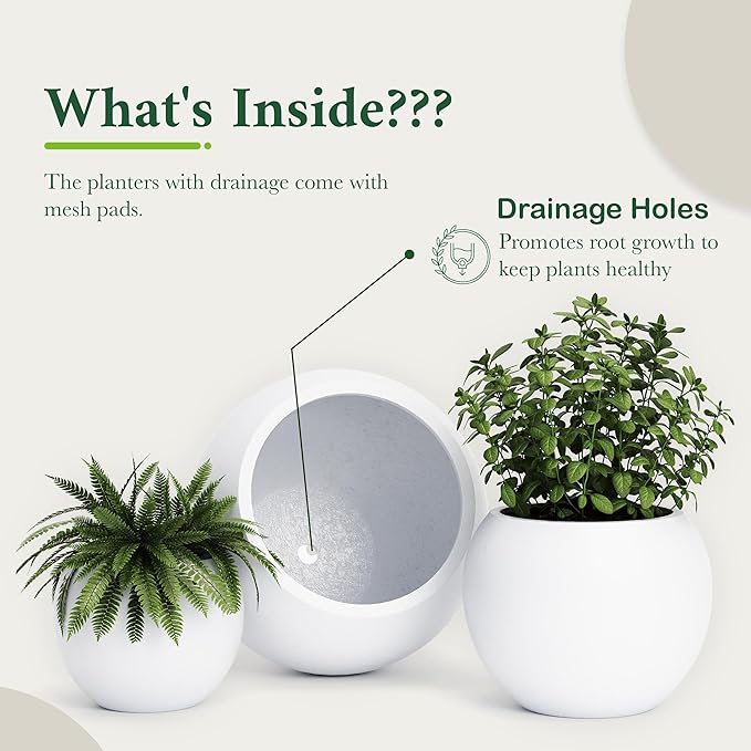 DTY Mount Sherman 16.1'' D x 13.6'' H (Pot Opening 11.8") Fiberstone Round Planter with Drainage Hole, Smooth Finishes, Weather Resistant for Indoor and Outdoor, 2 Extra Coco Mats - White, Medium
