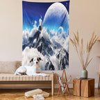 Ambesonne Fantasy Tapestry, Celestial View of Snow Capped Mountains and Alien Planet Print, Fabric Wall Hanging Decor for Bedroom Living Room Dorm, 23" X 28", White and Navy Blue
