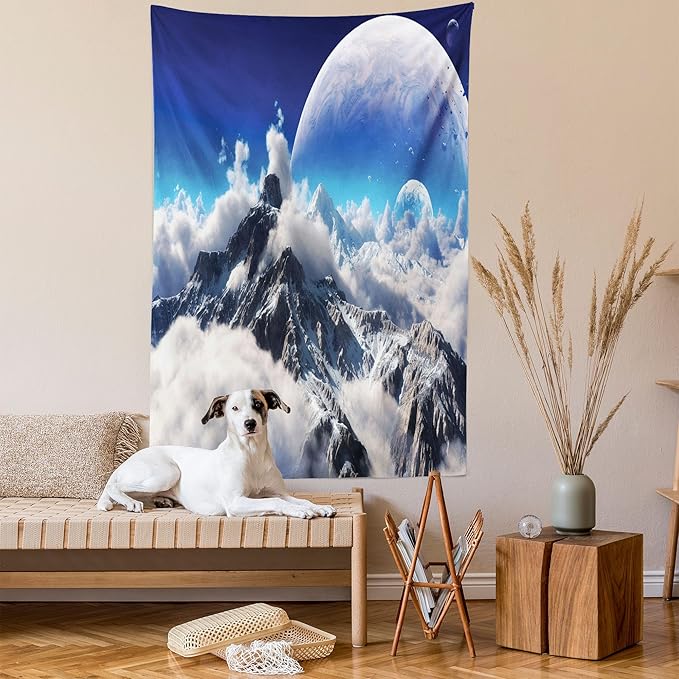 Ambesonne Fantasy Tapestry, Celestial View of Snow Capped Mountains and Alien Planet Print, Wall Hanging for Bedroom Living Room Dorm Decor, 40" X 60", White and Navy Blue