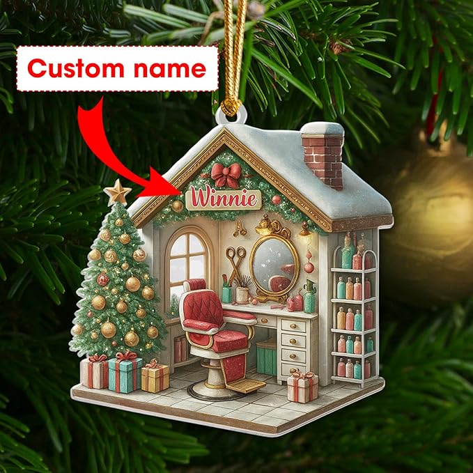 Personalized Hair Salon Christmas Ornament 2025, Custom Name Acrylic Barber Shop Decor, 2D Flat Xmas Tree Ornament, for Hairdresser & Stylist