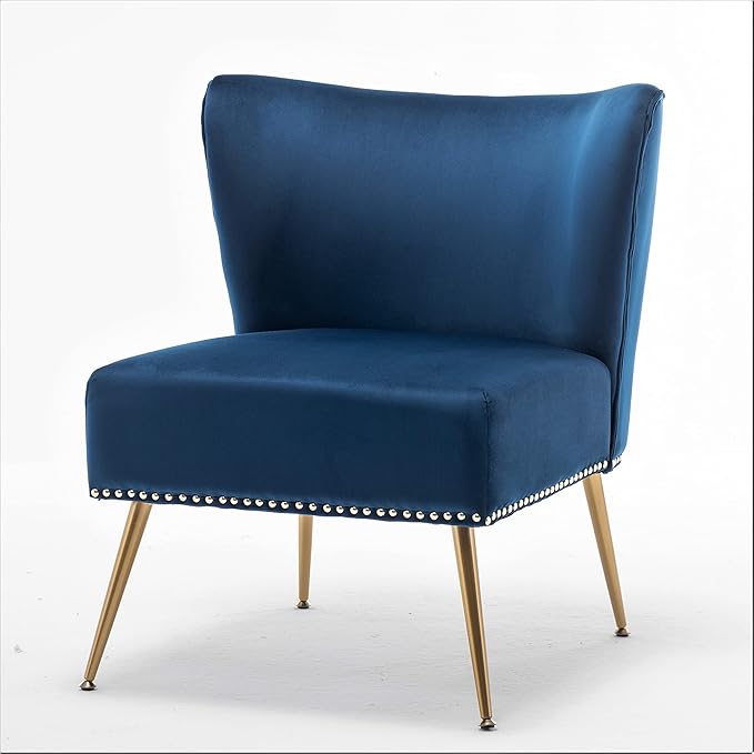 Thia Armless Velvet Accent Chair for Living Room, Elegant Seat with Nailhead Trim, Gold Metal Legs and Comfortable Curved Back, 28" D x 25" W x 29.5" H, Dark Blue
